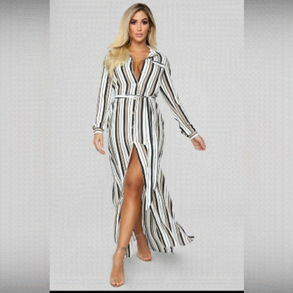 DR2 Long Tie Waist Shirt Striped Dress Size L